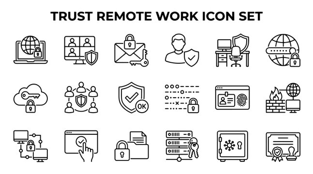 Remote work security icon set. Cyber safety and digital protection vector symbols.