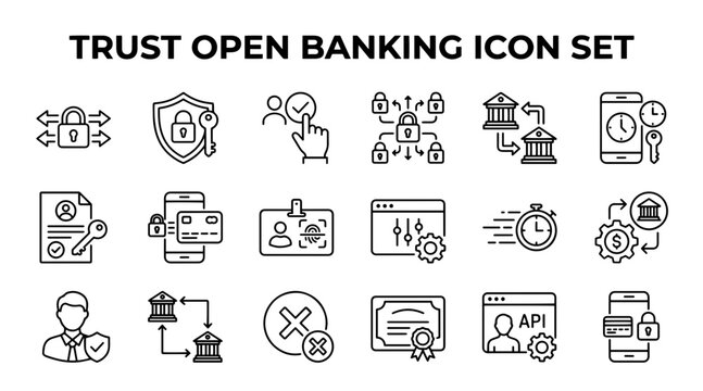 Open banking security icons set. Fintech digital trust and financial data protection symbols.