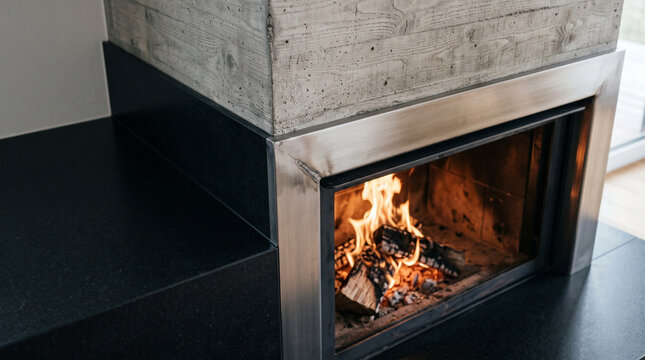 Modern Fireplace with Active Fire and Concrete Chimney
