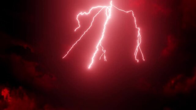 Apocalyptic red lightning strikes and dark ominous clouds background loop
