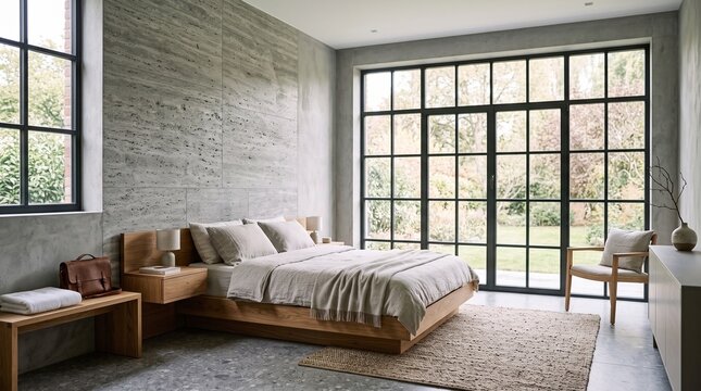Modern Bedroom with Concrete Wall and Grid Windows
