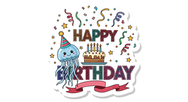 Happy birthday jellyfish cake confetti nautical celebration art