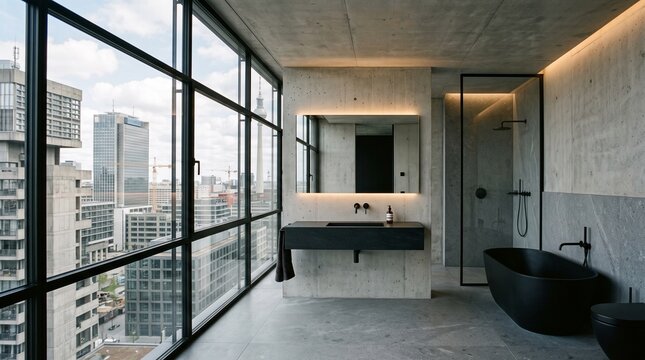 Modern Luxury Bathroom with Concrete and Black Fixtures High-Rise