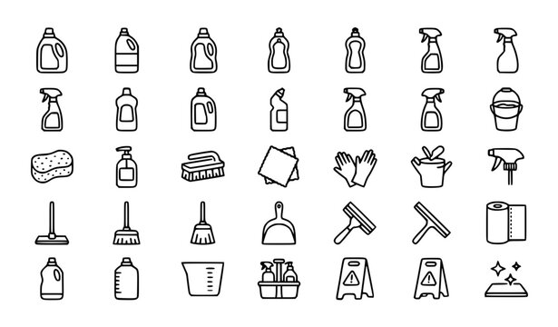 Premium cleaning, housekeeping, detergent, soap and hygiene line icons set