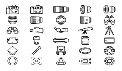 Fototapeta premium Premium camera, photography, lens, equipment and accessories line icons set