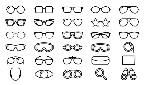 Premium glasses, eyewear, sunglasses, optical and vision line icons set