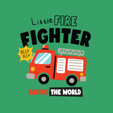 Cute Firefighter Baby Design Vector Illustration, Adorable Cartoon Fire Rescue Character with Fire Truck and Equipment for Kids
