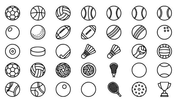 Premium sports balls, games, athletics and equipment line icons set