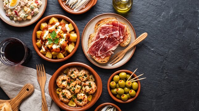 Gastronom&iacute;a espa&ntilde;ola aut&eacute;ntica, paella tradicional, tapas y sangr&iacute;a con estilo comercial y espacio negativo