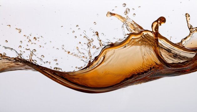 liquid splash brown semitransparent liquid frozen midair creating dynamic curves and droplets against a white backdrop