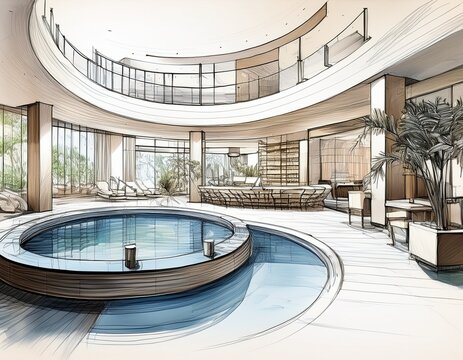 luxurious architectural sketch of a spa reception area with water features