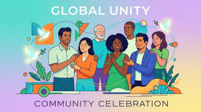 Diverse group of people celebrating global unity and community in a vibrant illustration