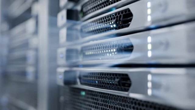 Closeup of cooled server units inside an encoding room blurred background showing airflow vents symbolizing efficient heat management during streaming operations.