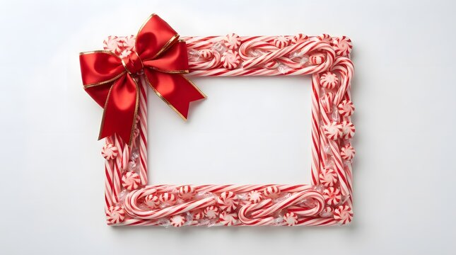 Candy cane and peppermint frame with red bow isolated on white background