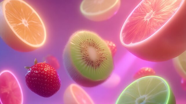Sliced tropical fruits including kiwi passionfruit and dragonfruit on a colorful background