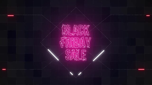 Black friday sale neon text animation with geometric shapes on dark background video discount promotion offer diamond rectangle lines glow lighting retail shopping commerce marketing
