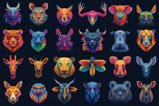 Geometric low poly animal head portraits on dark background