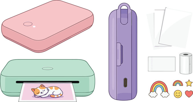 Portable Mini Thermal Photo Printer Set with Wireless Bluetooth Mobile Device Roll Paper Stickers and Pastel Colored Smart Pocket Printing Gadgets Illustrations