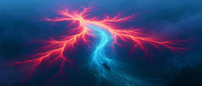 Abstract lightning discharge with red and blue electric tendrils over dark landscape.