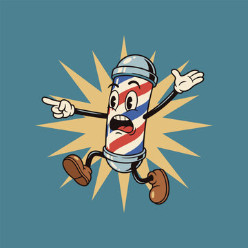 Cartoon barber pole character with expressive face and limbs illustrated in a colorful vector style against a teal background illustration
