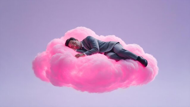 Business man sleeping peacefully on a pink cloud with built-in AI Horizontal image