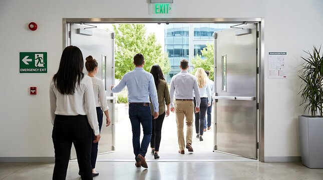 Corporate team walking towards open exterior doors during fire safety drill within contemporary workspace featuring emergency exit signs and architectural interior design elements.