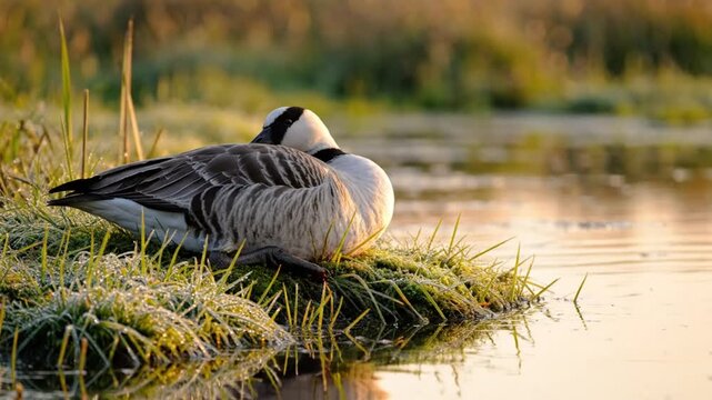Morning tranquility featuring a nene goose resting by calm water and reflected light in a peaceful natural habitat