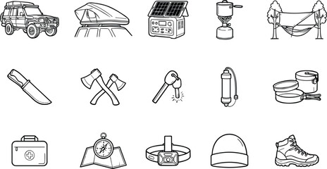 Camping and overlanding gear icon set SUV rooftop tent solar generator hammock survival knife line art illustration. © ARNIKA ISLAM