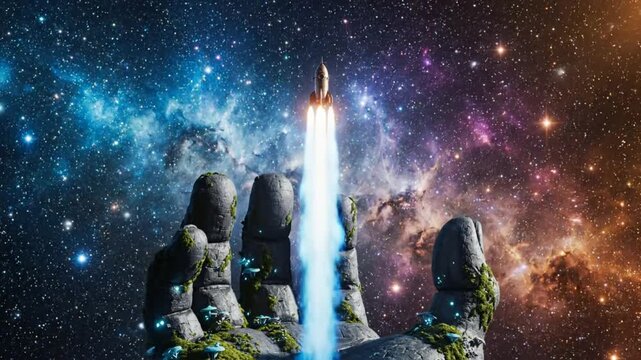 Futuristic rocket blasting off from a giant stone hand in the cosmic universe with nebulae and stars