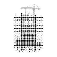 Fototapeta premium Building construction site with crane and pixelated structure.