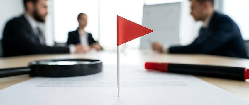 Business professionals discussing project in office with red flag marking document indicating urgent attention required for risk mitigation and strategic corporate decision making.