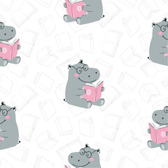 Cute little hippo reading a book. Seamless vector pattern for kids