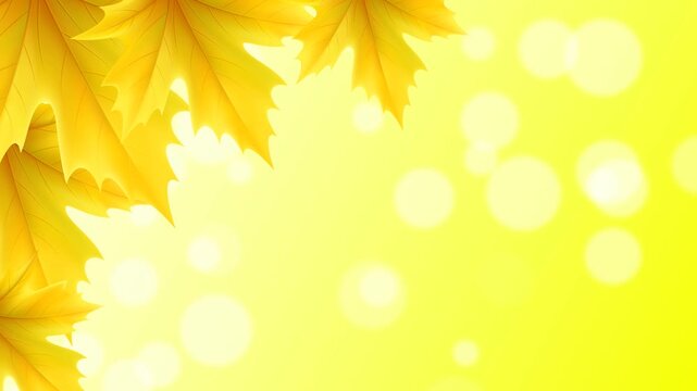 Festive animation of yellow maple leaves falling down against a bright yellow background with bokeh