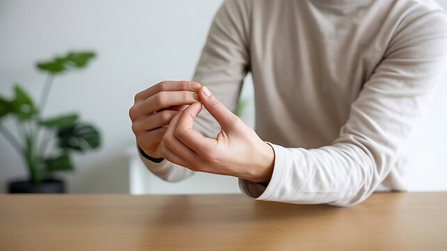Person rubbing their fingers together while sitting at a wooden table in a bright room indicating anxiety stress or nervous habitual behavior