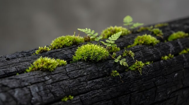 Close up macro shot of vibrant green moss growing on a black charred log surface in a forest