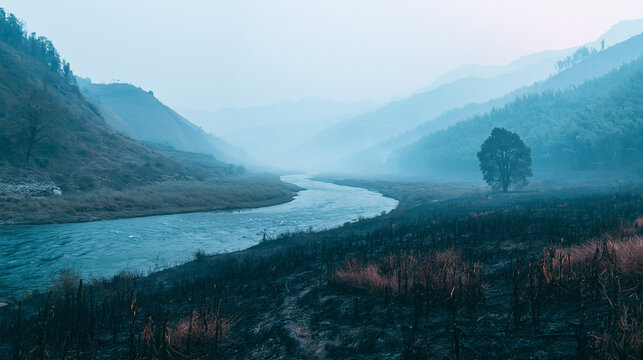 Misty mountain valley with winding river and solitary tree on burnt landscape.