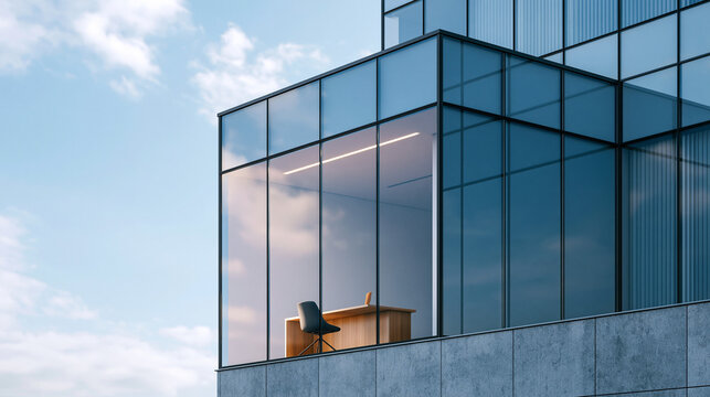 Modern office building exterior with glass windows and a chair and desk.