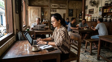 Fototapeta premium Professional woman working on a laptop at a rustic wooden table in a traditional Indonesian coffee shop