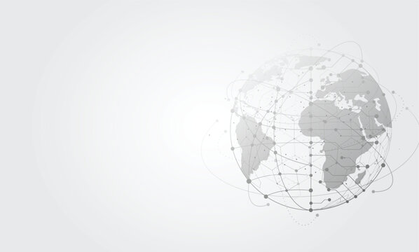 Worldwide digital business communication concept with light grey circuit globe on white background.