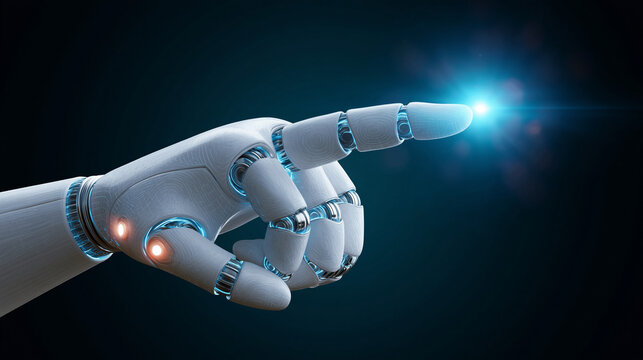 Robot hand pointing finger with glowing blue light on dark background.