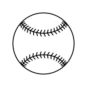 Simple baseball ball with stitches outline vector icon. Black and white line art illustration for sports graphics, team logos, and athletic design elements.