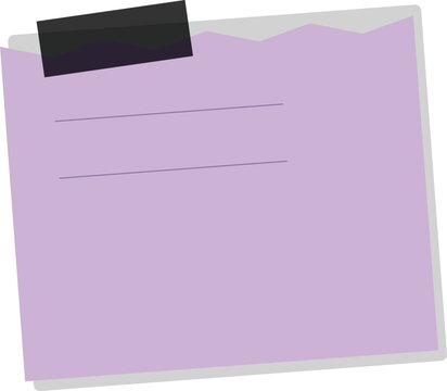 A blank purple sticky note attached with a piece of black tape isolated on a clean white background surface