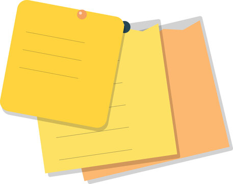 A collection of yellow and orange sticky note papers arranged in a stack isolated on a white background surface