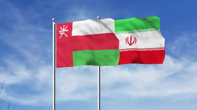 Iranian And Omani Flags Waving On Poles Against Blue Sky Background video iran flag national flagpoles middle east oman political symbols international relations diplomacy sovereignty