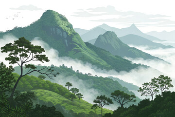 Obraz premium Western Ghats mountain landscape with mist, premium vector illustration