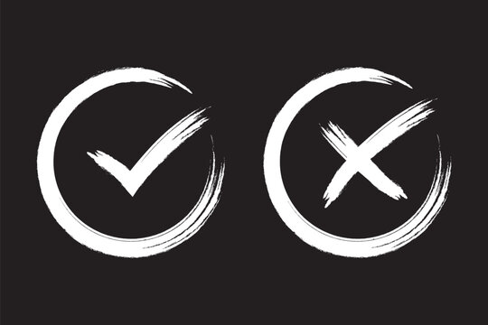 Hand drawn check mark icons in brush stroke circles, Wrong right, tick symbols, artistic validation and approval signs for business checklists. Vector hand drawn check mark & cross in grunge circle.