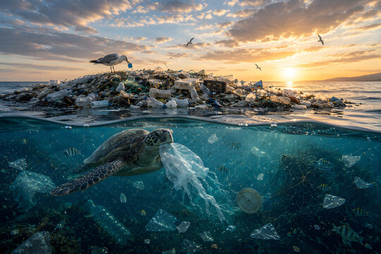 Sea Turtle Mistaking Plastic Bag for Jellyfish &ndash; Ocean Plastic Pollution and Marine Conservation Concept
