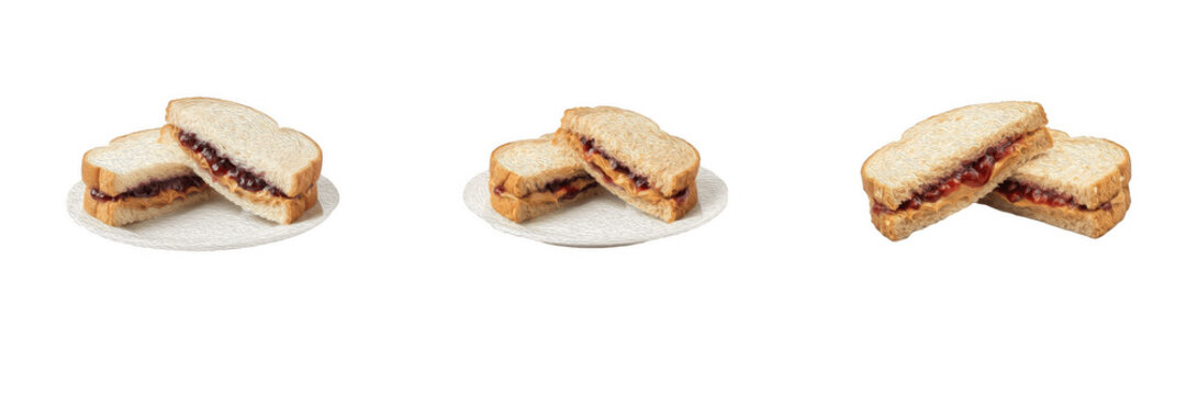 Peanut Butter and Jelly Sandwich PNG Isolated Set on White Background, Classic PB and J Halves on White Plate for School Lunch, Kid Snacks, American Food Concepts, and Graphic Design Assets