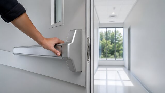 A close up of a hand pushing a silver panic bar on a grey metal door in a bright office hallway.
