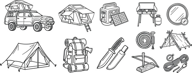 Camping and overlanding gear set rooftop tent truck generator stove backpack bushcraft knife line art vector illustration. © ARNIKA ISLAM